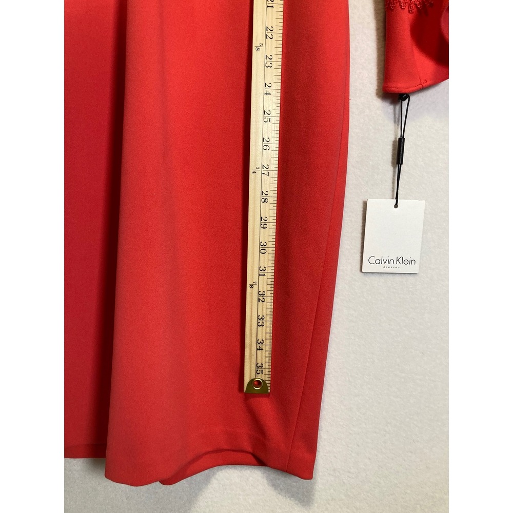 Sophisticated Calvin Klein Women 10 Red Bell Sleeve Lace Trim Sheath Dress‎ NEW - Picture 7 of 10